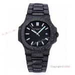 High Quality Replica Iced Out Patek Philippe Nautilus Black Diamonds Automatic Watch 40mm